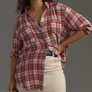 Anthropologie Pilcro Hadley Oversized Red Plaid Button Down Shirt